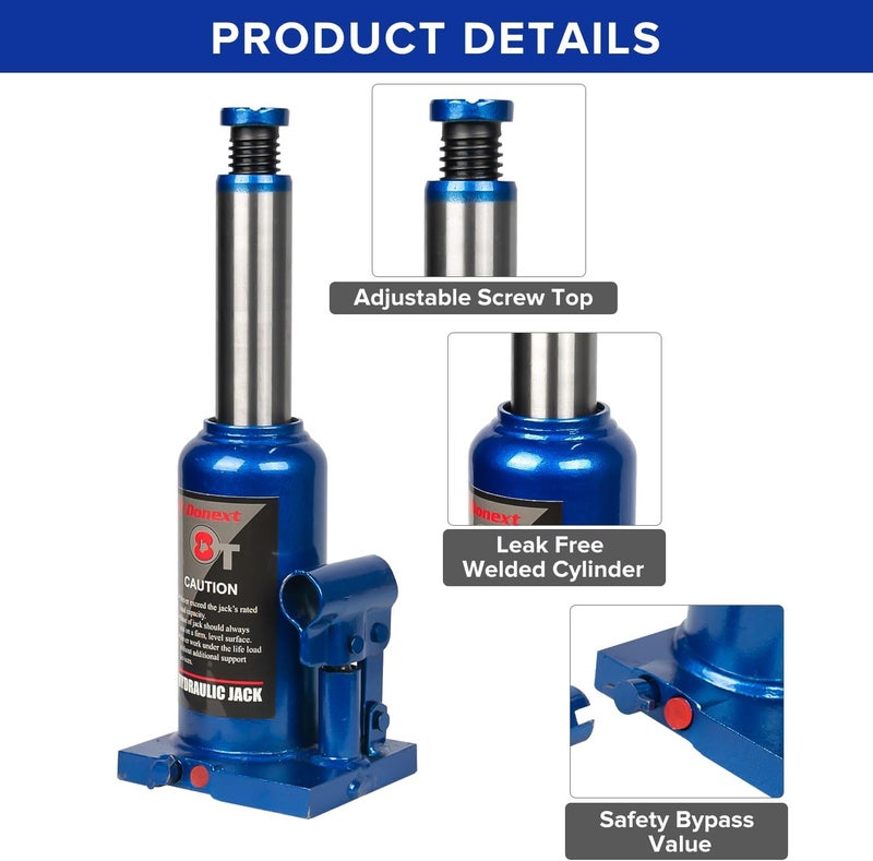 Donext جاك هيدروليكي زجاجة 8 طن / 17637 رطل، جاك سيارة أزرق، نطاق رفع 7.48-14.6 بوصة، جاك زجاجة ملحوم للسيارة، بيك أب، شاحنة، RV، إصلاح السيارات - Image 5